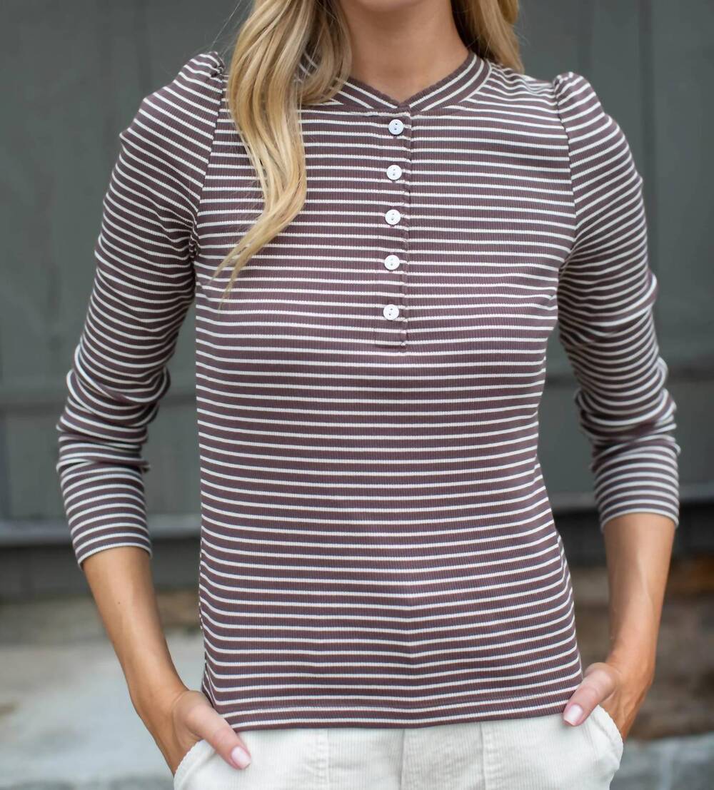 NEW MAREA puff sleeve henley tee in chocolate/ivory stripe